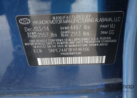 2015 Hyundai Sonata Se z USA, uszkodzony, nr VIN 5NPE24AF8FH146166